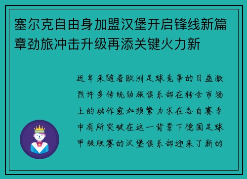塞尔克自由身加盟汉堡开启锋线新篇章劲旅冲击升级再添关键火力新