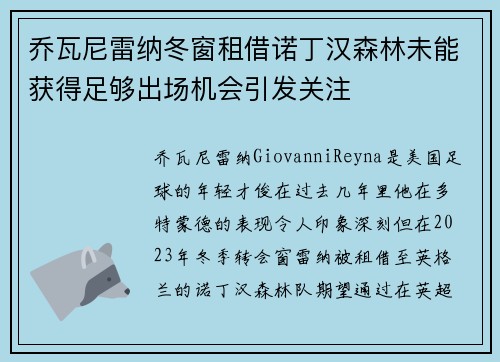 乔瓦尼雷纳冬窗租借诺丁汉森林未能获得足够出场机会引发关注 乔瓦尼雷纳冬窗租借诺丁汉森林未能获得足够出场机会引发关注